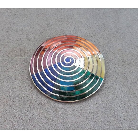 Vtg STERLING Silver Spiral RAINBOW GEMSTONE Inlay BROOCH is Also a PENDANT 1.75" - Picture 1 of 8